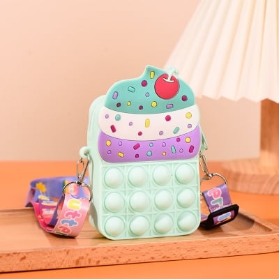 Picture of Cute silicon small purse bag with shoulder strap for children with pop it play option 1pcs (Ice cream Green)