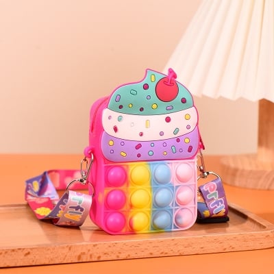 Picture of Cute silicon small purse bag with shoulder strap for children with pop it play option 1pcs (Ice cream Rainbow)