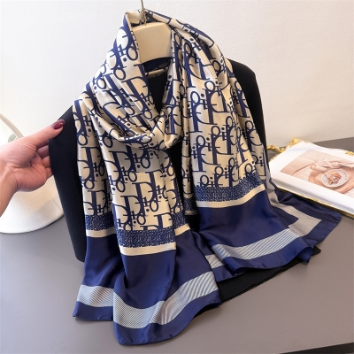 Picture of Luxury Silk Satin Long Scarf for Women - 180x90cm Elegant Designer Inspired Monogram scarf & Hijab - Premium Soft Summer hijab (D Blue,Other: 180X90cm)