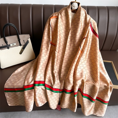 Picture of Luxury Silk Satin Long Scarf for Women - 180x90cm Elegant Designer Inspired Monogram scarf & Hijab - Premium Soft Summer hijab (GC Beige,Other: 180X90cm)