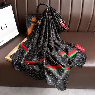 Picture of Luxury Silk Satin Long Scarf for Women - 180x90cm Elegant Designer Inspired Monogram scarf & Hijab - Premium Soft Summer hijab (CG Black 1,Other: 180X90cm)