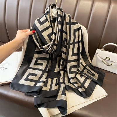 Picture of Luxury Silk Satin Long Scarf for Women - 180x90cm Elegant Designer Inspired Monogram scarf & Hijab - Premium Soft Summer hijab (GC big letter,Other: 180X90cm)
