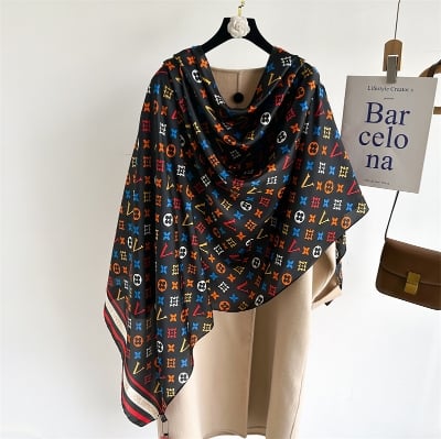 Picture of Premium Silk Satin Luxury V Monogram Long Scarf for Women (180x90cm) - Soft Fashion Hijab / Shawl (Black,Other: 180x90cm)