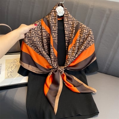 Picture of Premium Faux Silk Square Scarf for Women - 110x110cm Large Elegant Hijab & Headwrap (F Orange,Other: 110X110 cm)
