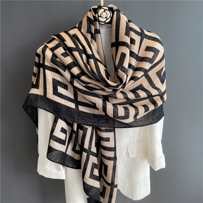 Picture of Premium Geometric Print Cotton Linen Scarf & Hijab for Women – 90x180cm Oversized Breathable scarf (Black,Other: 180x90cm)