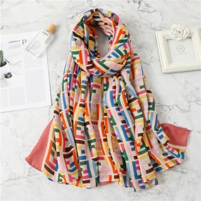 Picture of Premium Cotton Geometric Print Scarf for Women – Multi-Color Fashion Long Hijab & Shawl (190x80cm) (Pink,Other: 180x80cm)