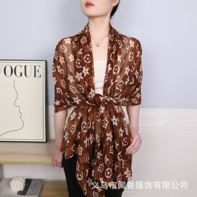Picture of Premium Balinese Silk Floral Print Square Scarf for Women (90x90 cm) - Lightweight Soft Fashion Hijab/Headscarf (Coffee,Other: 90x90 cm)