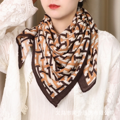 Picture of Premium Cotton Linen Square Scarf for Women - 90x90cm Breathable Large Hijab - Elegant Designer Print Headwrap (H Brown,Other: 90x90cm)
