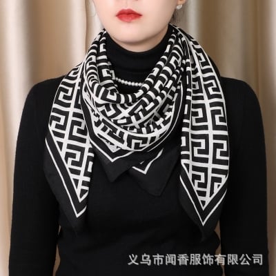 Picture of Premium Cotton Linen Square Scarf for Women - 90x90cm Breathable Large Hijab - Elegant Designer Print Headwrap (C Black,Other: 90x90cm)