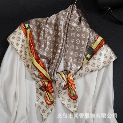 Picture of Premium Satin Silk Square Scarf for Women - 90x90cm Elegant Monogram Print Luxury Hijab & Neck Scarf (Brown,Other: 90x90cm)