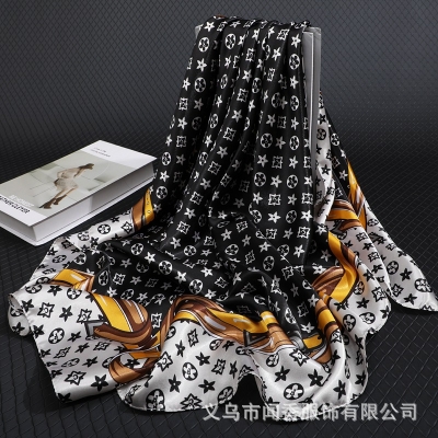 Picture of Premium Satin Silk Square Scarf for Women - 90x90cm Elegant Monogram Print Luxury Hijab & Neck Scarf (Black,Other: 90x90cm)