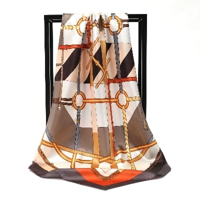 Picture of Premium 90x90cm Satin Silk Square Scarf for Women – Elegant Belt & Chain Print Luxury Head Wrap & Neck Scarf hijab (Orange,Other: 90x90cm)