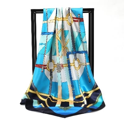 Picture of Premium 90x90cm Satin Silk Square Scarf for Women – Elegant Belt & Chain Print Luxury Head Wrap & Neck Scarf hijab (Blue,Other: 90x90cm)