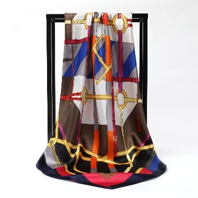 Picture of Premium 90x90cm Satin Silk Square Scarf for Women – Elegant Belt & Chain Print Luxury Head Wrap & Neck Scarf hijab (Red,Other: 90x90cm)