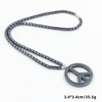 Picture of Men's & Women's Hematite Stone Beaded Necklace - Magnetic Therapy Style Pendant - Peace & Triangle Designs (Peace)