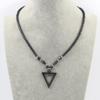 Picture of Men's & Women's Hematite Stone Beaded Necklace - Magnetic Therapy Style Pendant - Peace & Triangle Designs (Triangle)