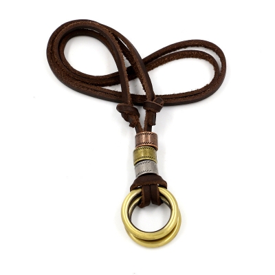 Picture of Vintage Genuine Leather Long Necklace for Men & Women - Retro Adjustable Rope Chain with Metallic Rings/Triangle Pendant - Unisex Fashion Jewelry (Ring Gold)