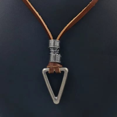 Picture of Vintage Genuine Leather Long Necklace for Men & Women - Retro Adjustable Rope Chain with Metallic Rings/Triangle Pendant - Unisex Fashion Jewelry (Triangle silver)