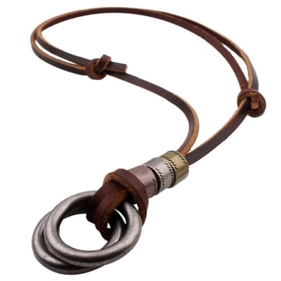 Picture of Vintage Genuine Leather Long Necklace for Men & Women - Retro Adjustable Rope Chain with Metallic Rings/Triangle Pendant - Unisex Fashion Jewelry (Ring silver)