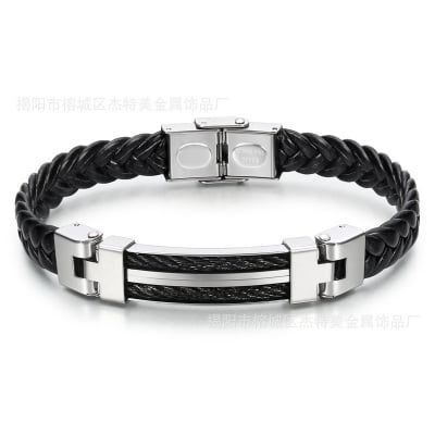 Picture of Men's Premium Braided Leather Bracelet with Stainless Steel Cable Inlay - Adjustable Magnetic Clasp (Black)