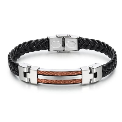 Picture of Men's Premium Braided Leather Bracelet with Stainless Steel Cable Inlay - Adjustable Magnetic Clasp (Bronze)