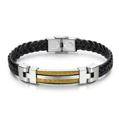 Picture of Men's Premium Braided Leather Bracelet with Stainless Steel Cable Inlay - Adjustable Magnetic Clasp (Gold)
