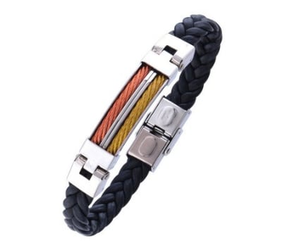 Picture of Men's Premium Braided Leather Bracelet with Stainless Steel Cable Inlay - Adjustable Magnetic Clasp (Gold and Bronze)