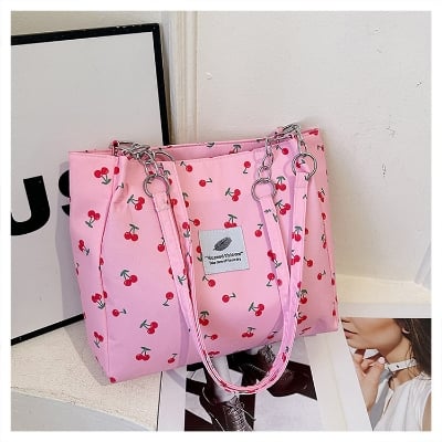Picture of Trendy Cherry Print Shoulder Bag for Women - Stylish Chain Strap Tote Bag (Pink)
