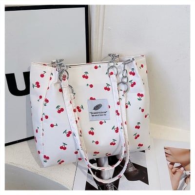 Picture of Trendy Cherry Print Shoulder Bag for Women - Stylish Chain Strap Tote Bag (White)