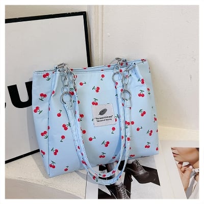 Picture of Trendy Cherry Print Shoulder Bag for Women - Stylish Chain Strap Tote Bag (Blue)