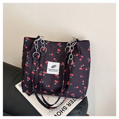 Picture of Trendy Cherry Print Shoulder Bag for Women - Stylish Chain Strap Tote Bag (Black)