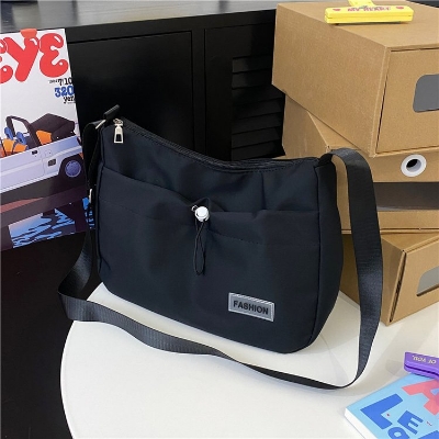 Picture of Korean style trendy nylon tote bag with big front string pocket aesthetic large casual sling bag women bag (Black)