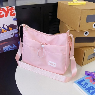 Picture of Korean style trendy nylon tote bag with big front string pocket aesthetic large casual sling bag women bag (Pink)