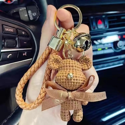 Picture of Premium Cute Electroplated Bear Keychain with Braided Leather Strap – Stylish Car Key Ring & Bag Charm for Women & Girls (Brown)