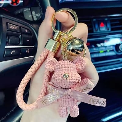 Picture of Premium Cute Electroplated Bear Keychain with Braided Leather Strap – Stylish Car Key Ring & Bag Charm for Women & Girls (Pink)