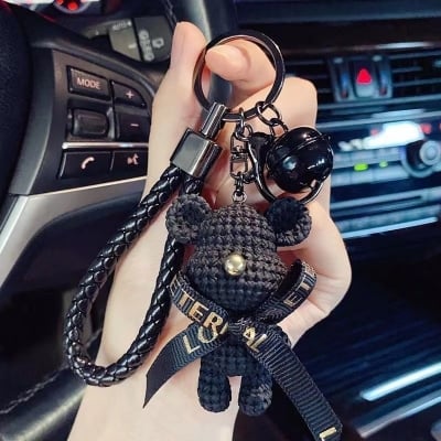 Picture of Premium Cute Electroplated Bear Keychain with Braided Leather Strap – Stylish Car Key Ring & Bag Charm for Women & Girls (Black)