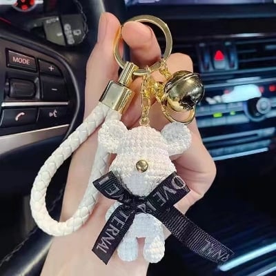 Picture of Premium Cute Electroplated Bear Keychain with Braided Leather Strap – Stylish Car Key Ring & Bag Charm for Women & Girls (White)
