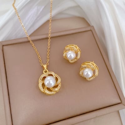 Picture of Luxury 18K Gold Plated Titanium Steel Pearl Jewelry Set for Women (Floral)