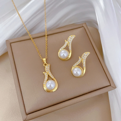 Picture of Luxury 18K Gold Plated Titanium Steel Pearl Jewelry Set for Women (Water drop)