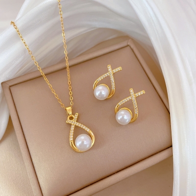 Picture of Luxury 18K Gold Plated Titanium Steel Pearl Jewelry Set for Women (Infinite loop)