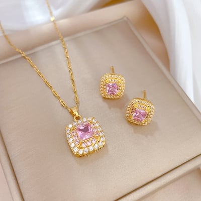 Picture of Elegant Titanium chain gold plated crystal pendant necklace & Matching Earrings Set (Pink)