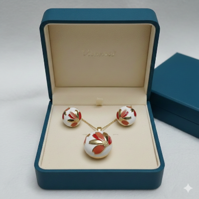 Picture of Luxury 3-Piece Floral Enamel Jewelry Set - Premium Gold-Plated Necklace & Stud Earrings (Red)