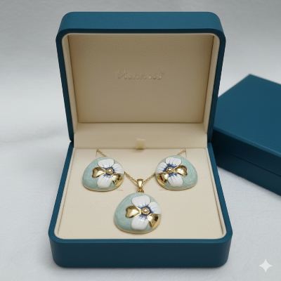 Picture of Luxury 3-Piece Floral Enamel Jewelry Set - Premium Gold-Plated Necklace & Stud Earrings (Light green)