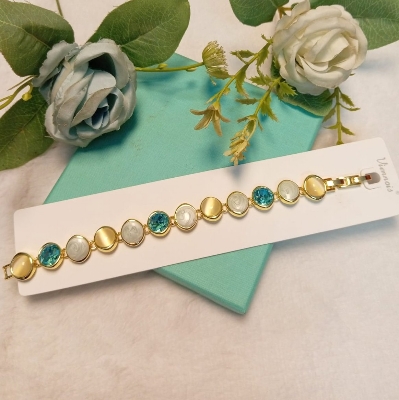 Picture of Premium Luxury Crystal & Cat’s Eye Stone Link Bracelet for Women - Elegant Gold & Silver Plated Party Wear Jewelry (M-2)