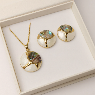 Picture of Elegant shell and resin inlay jewelry set of necklace and earrings (Spiral flat)