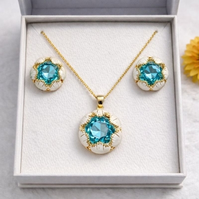 Picture of Luxury Enamel & Crystal Floral Jewelry Set - Gold Plated Necklace & Stud Earrings for Women (Blue)