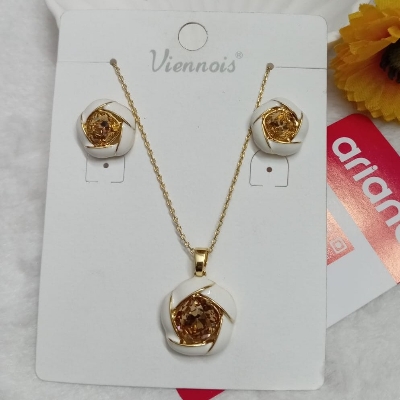 Picture of Luxury Enamel & Crystal Floral Jewelry Set - Gold Plated Necklace & Stud Earrings for Women (Orange)