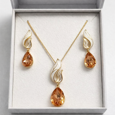 Picture of Luxury Enamel Leaf & Waterdrop Crystal Jewelry Set - Necklace & Earrings for Women (Orange)