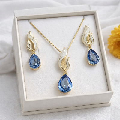 Picture of Luxury Enamel Leaf & Waterdrop Crystal Jewelry Set - Necklace & Earrings for Women (Blue)
