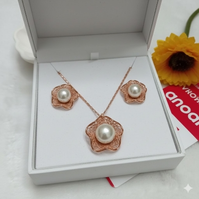 Picture of Elegant 18k Gold Plated Pearl Jewelry Set - Double Layer Long-Lasting Shine - High-Grade Pearl Bridal & Party Wear Set (Rose Gold)